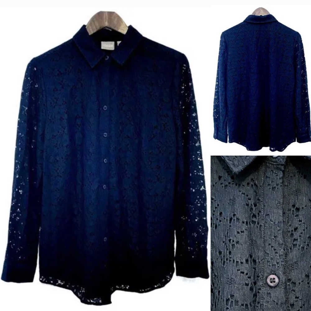 Chico's Women's Sz 3 Blouse Long Sleeve Collared Lace Roberta Deep Navy career